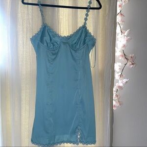 Blue Flower Trim Silky Dress